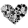 Silhouettes of different sea animals and marine objects on a white background united in a shape of a heart. Royalty Free Stock Photo